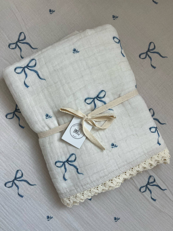 Dreamy Skies Baby - Blue Bows 6 Layer Gauze Blanket