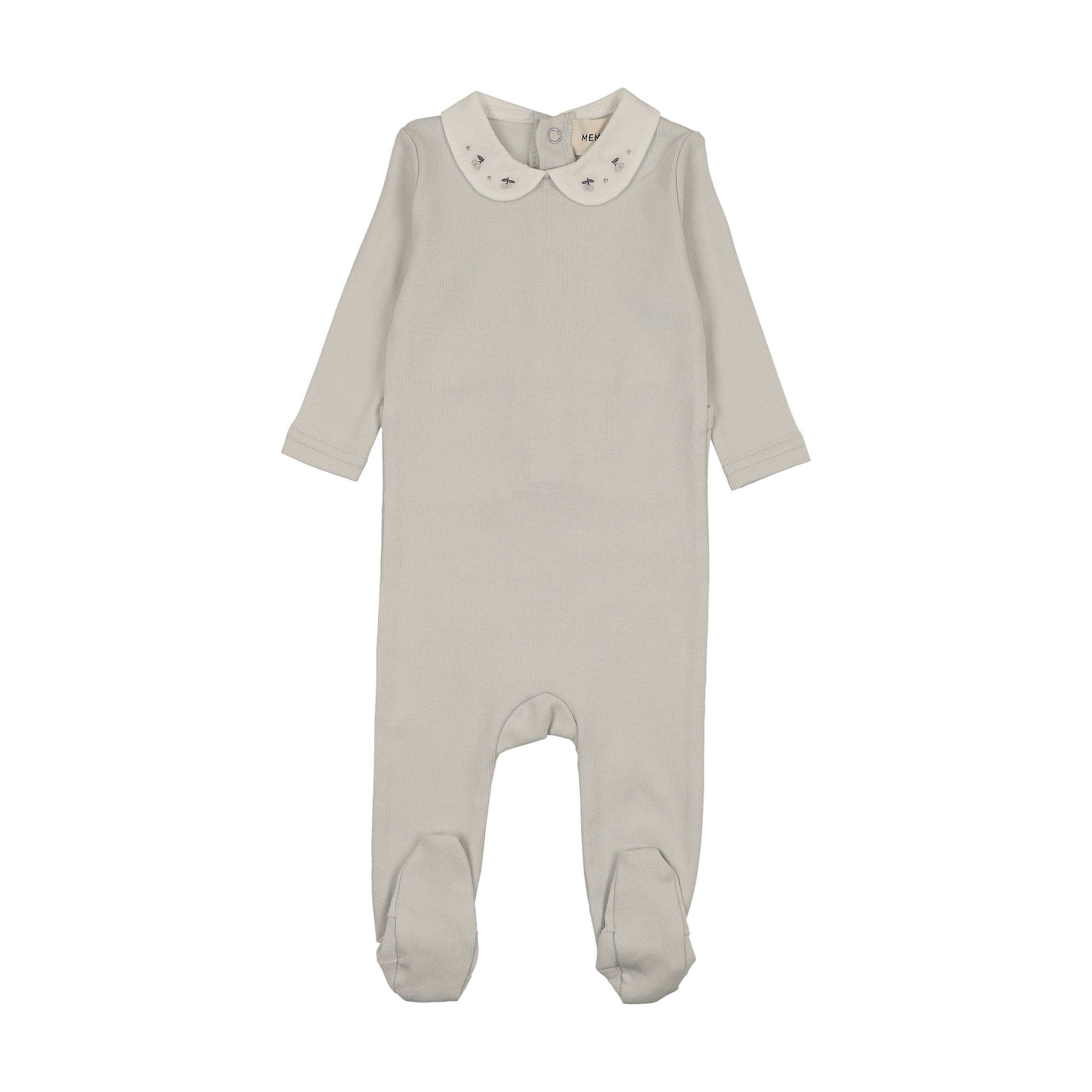 Mema Knits Ice Blue Embroidered Collar Base Footie