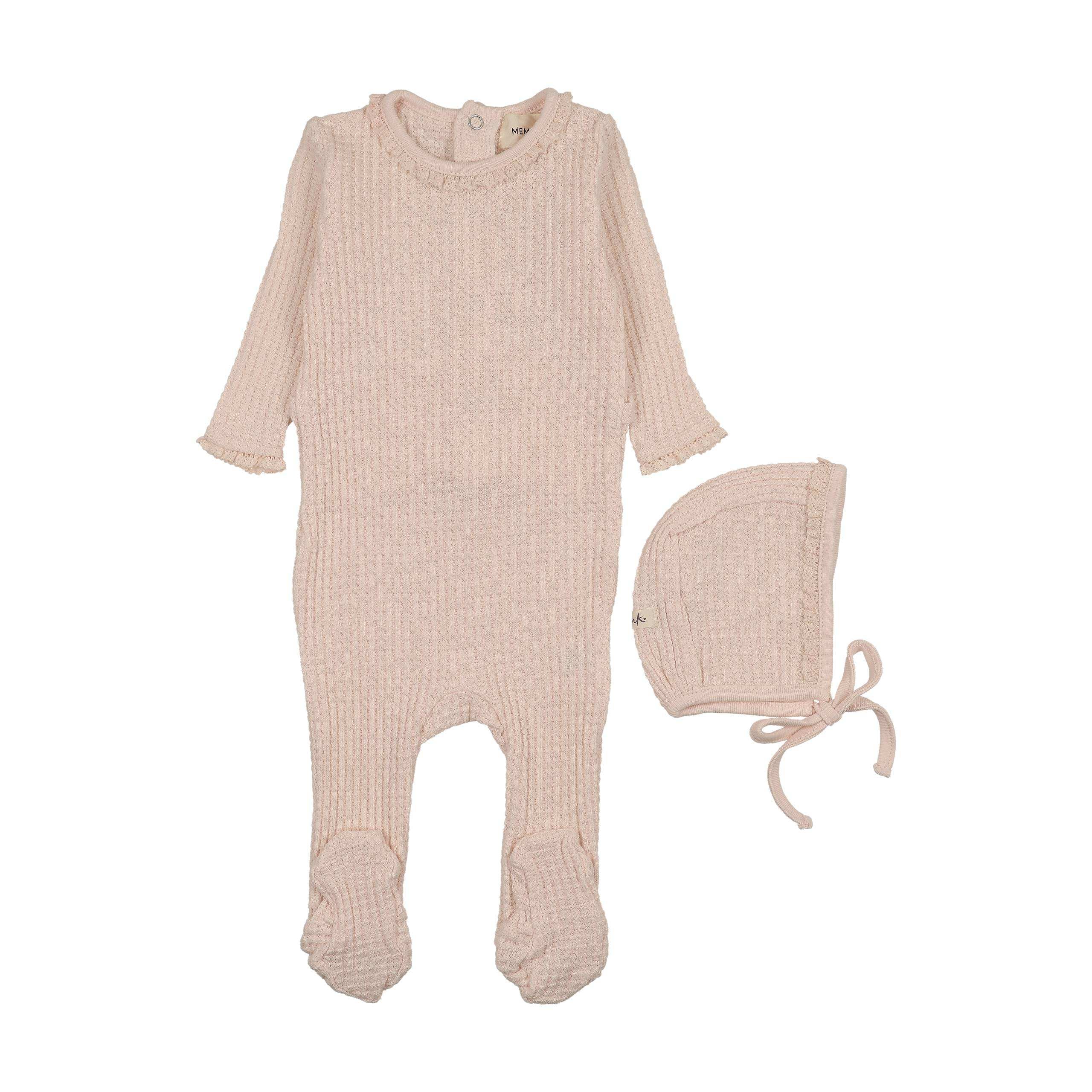 Mema Knits Baby Blush Honeycomb Waffle Footie + Bonnet