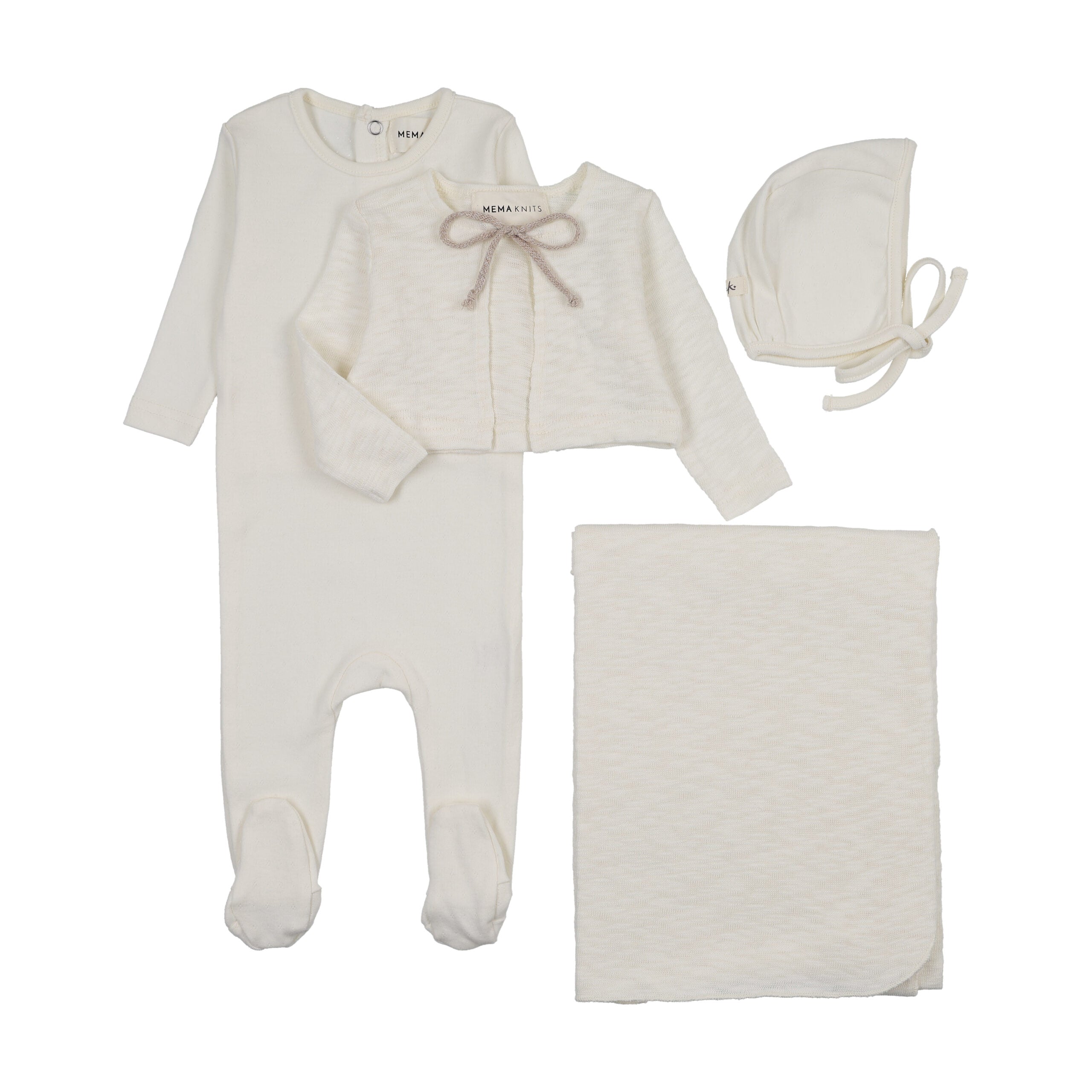 Mema Knits pointelle footie and slub cardigan 4 piece set