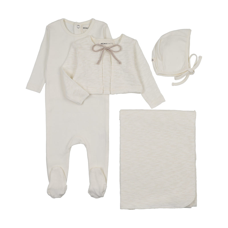 Mema Knits pointelle footie and slub cardigan 4 piece set