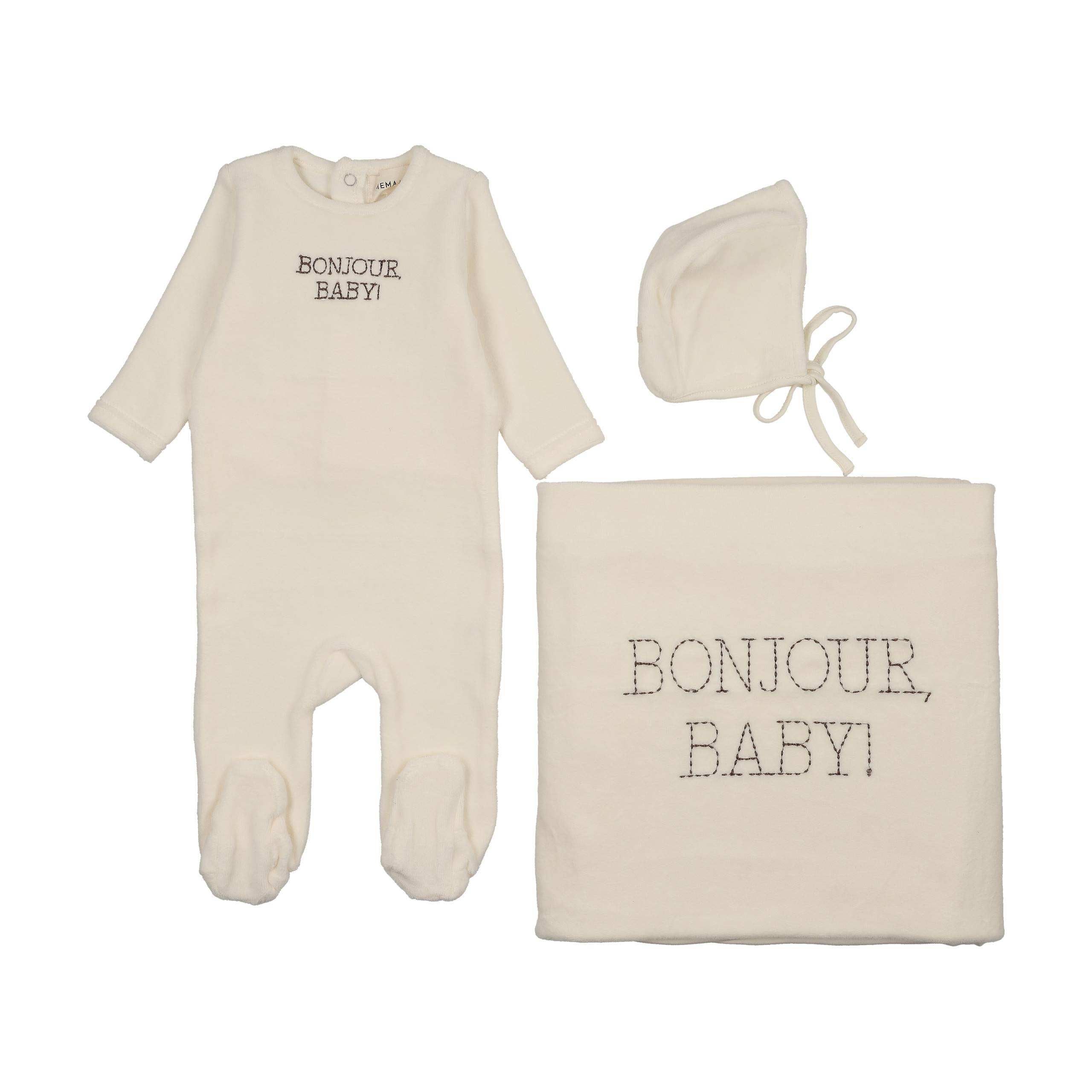 Mema Knits Otter Bonjour Baby Stitched Velour 3 Pc Set