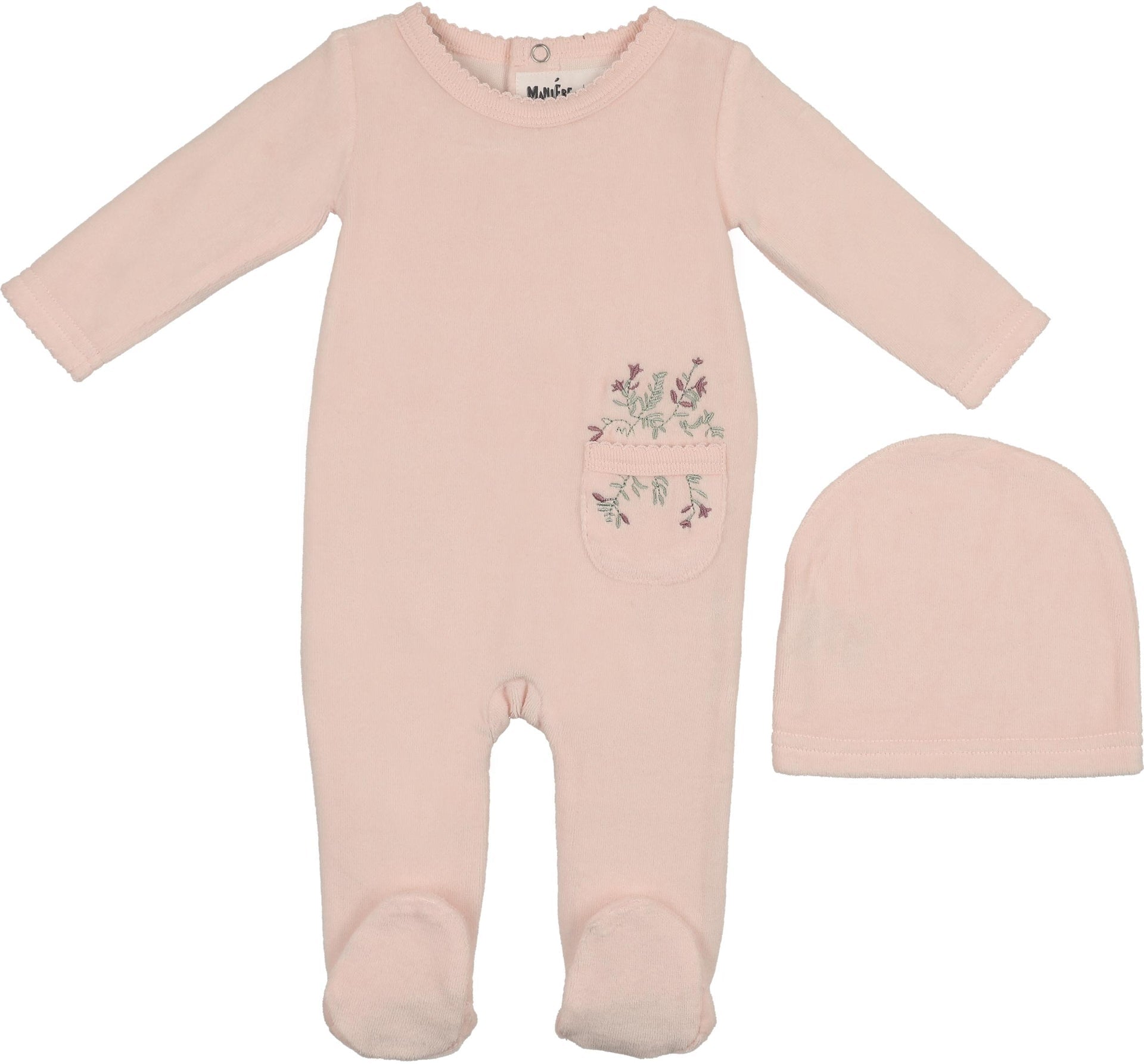 Maniere Baby Pink Velour Pocket Footie + Beanie