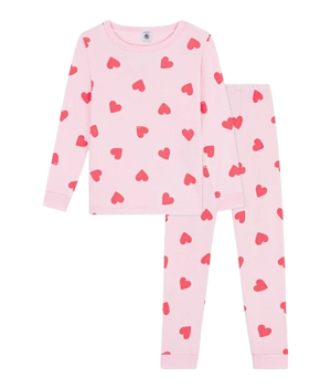 Petit Bateau Girl Loungewear Long Sleeve Heart Print Top and Pants Soft Cotton Girls Lounge Set Heart Print Design