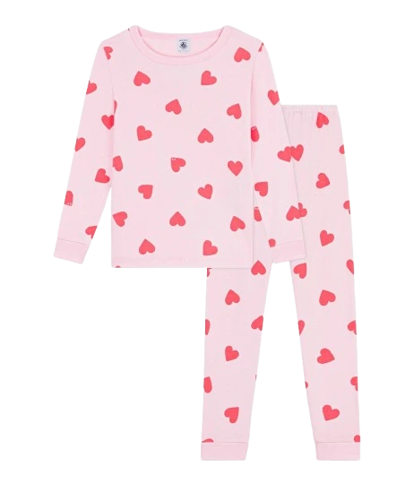 Petit Bateau Girl Loungewear Long Sleeve Heart Print Top and Pants Soft Cotton Girls Lounge Set Heart Print Design