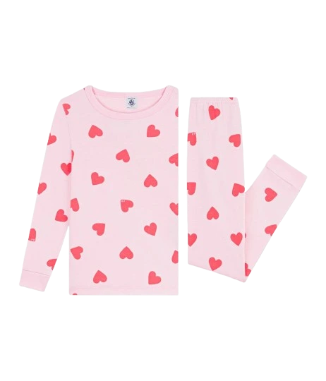 Petit Bateau Girl Loungewear Long Sleeve Heart Print Top and Pants Soft Cotton Girls Lounge Set Heart Print Design