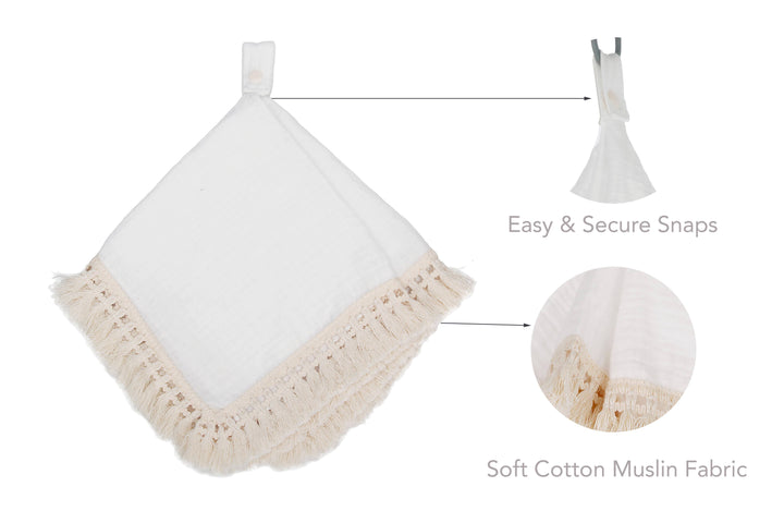 Doodalou - White - Muslin Boho Pacifier Blanket with Tassels