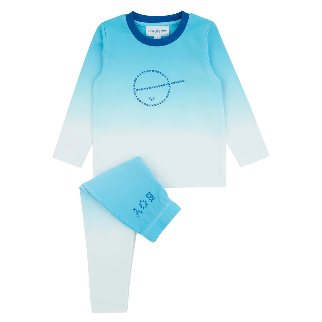 Miss Mini Cross Stitch boys pajama set in soft cotton, cozy two piece sleepwear with embroidered detail