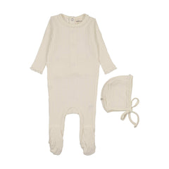 Mema Knits Ivory Honeycomb Waffle Footie + Bonnet