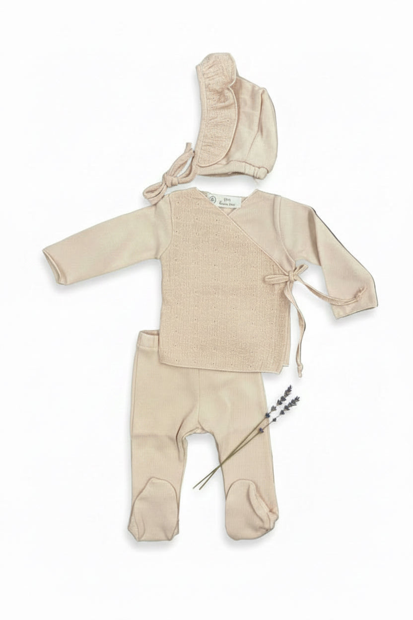 Latte Baby Rose Eyelet Wrap Set + Bonnet + Blanket