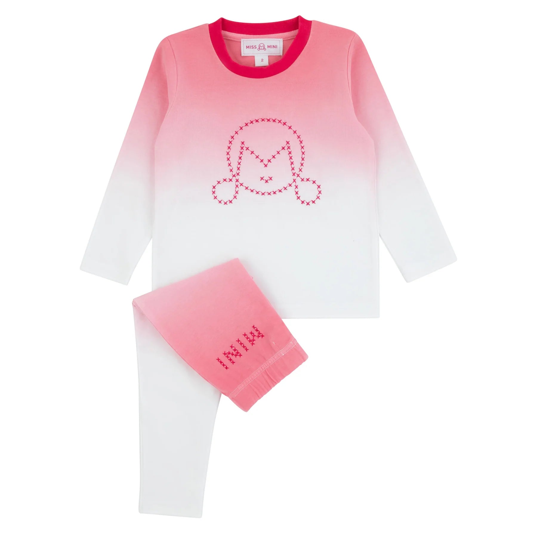 Miss Mini Cross Stitch girls pajama set in soft cotton, cozy two piece sleepwear with embroidered detail