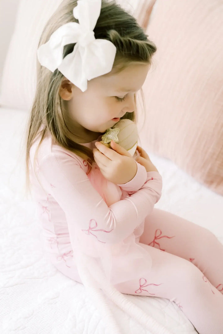 Dreamy Skies Baby - Ribbed Bamboo Two Piece Pj Sets in Pink Bows: 2T