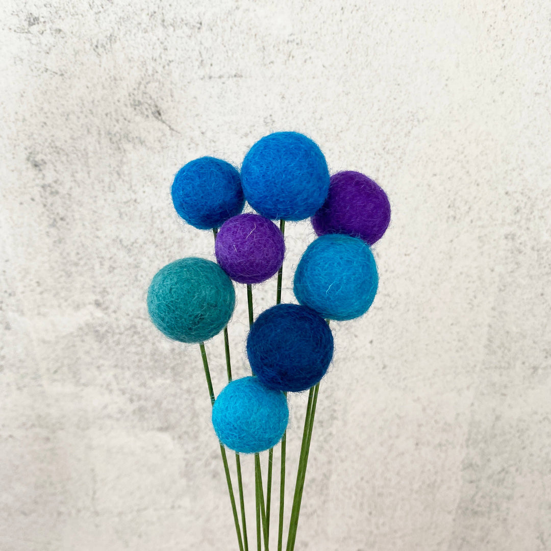 Oakwind Hollow - Set of 8 Felted Wool Flower Ball Bouquet Blue Skies