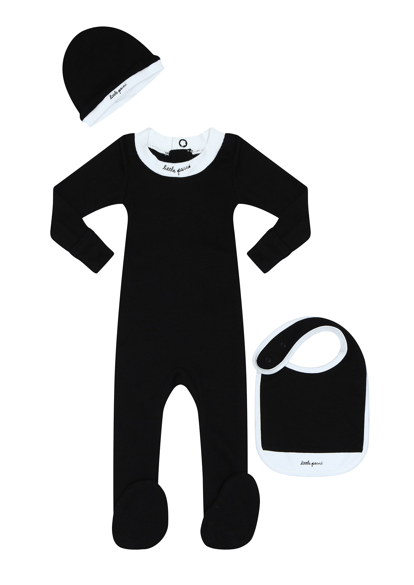 Parni Black Script Footie + Beanie + Bib