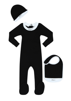 Parni Black Script Footie + Beanie + Bib