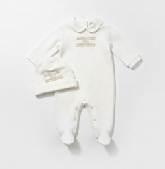 Elisabetta Franchi – Embroidered Footed Romper & Hat Set | Ivory & Gold