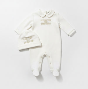 Elisabetta Franchi – Embroidered Footed Romper & Hat Set | Ivory & Gold