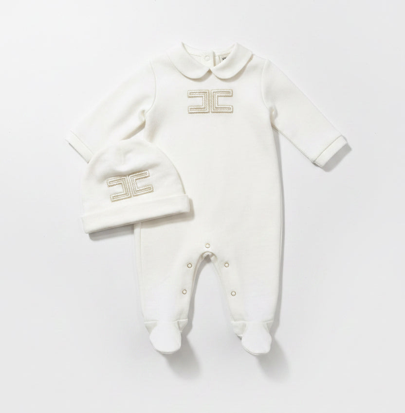 Elisabetta Franchi – Embroidered Footed Romper & Hat Set | Ivory & Gold