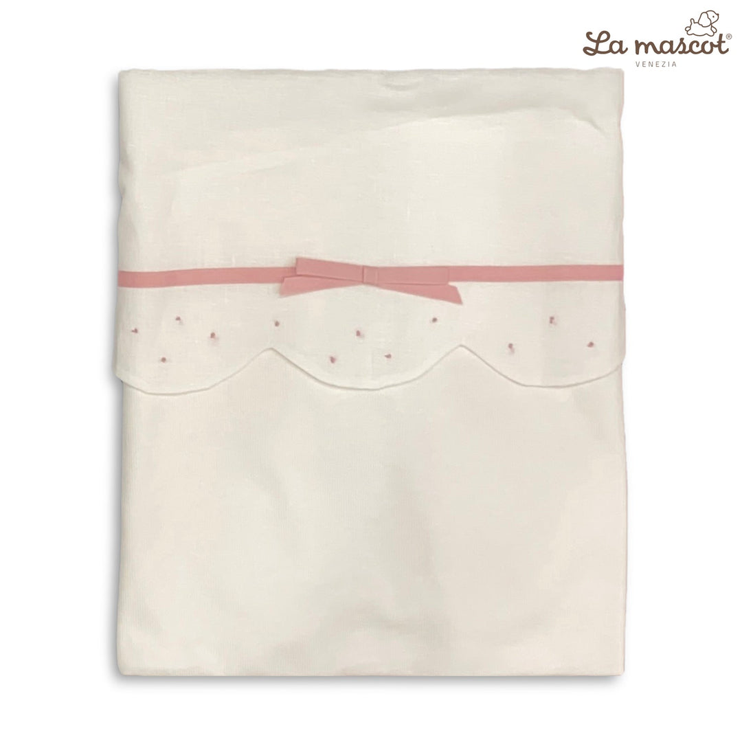 la mascot baby knit blanket scallop and ribbon bow design white pink