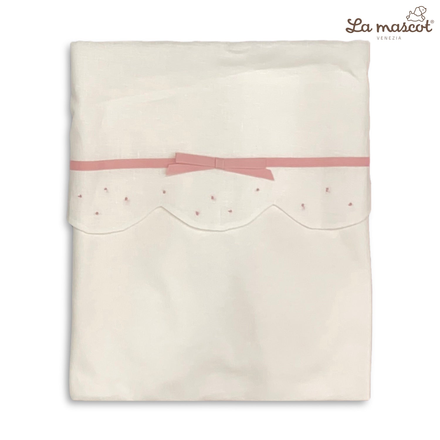 la mascot baby knit blanket scallop and ribbon bow design white pink