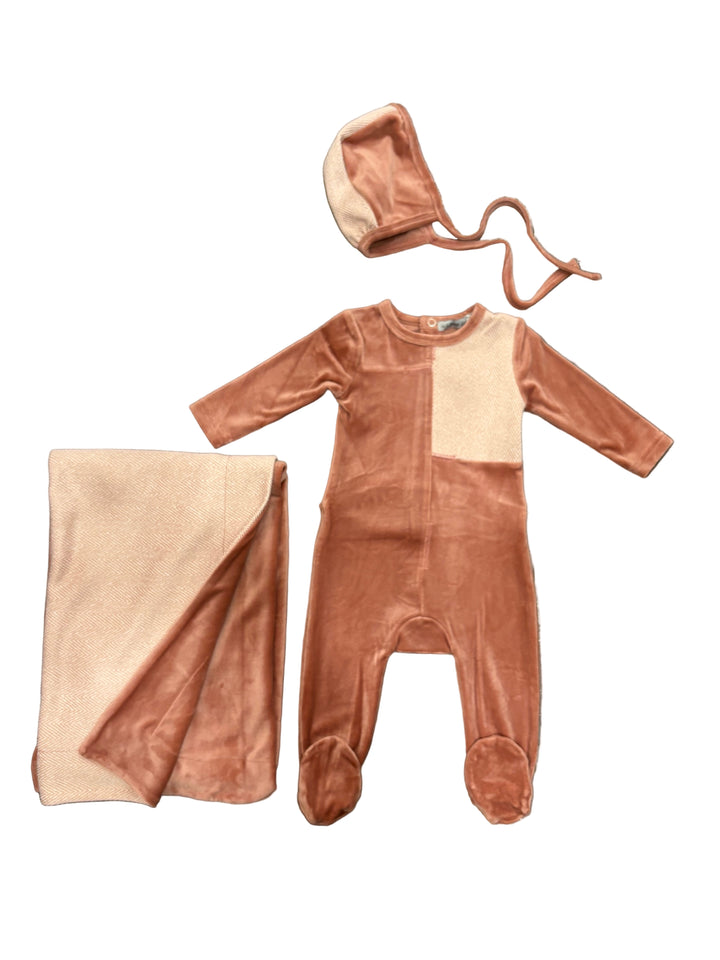 Little Lux Herringbone/Velour Footie+Bonnet+Blanket