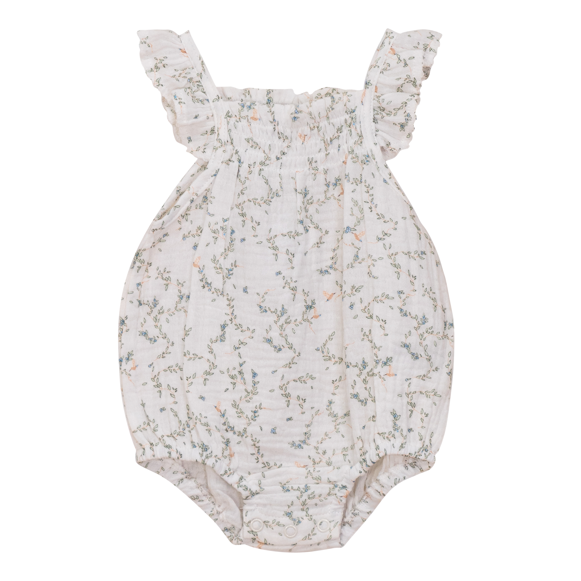 Little Fragile Powder Leaves Bird Print Ruffle Bubble