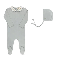 Ely's & Co Blue Wide Rib Embroidered Collar Footie + Bonnet