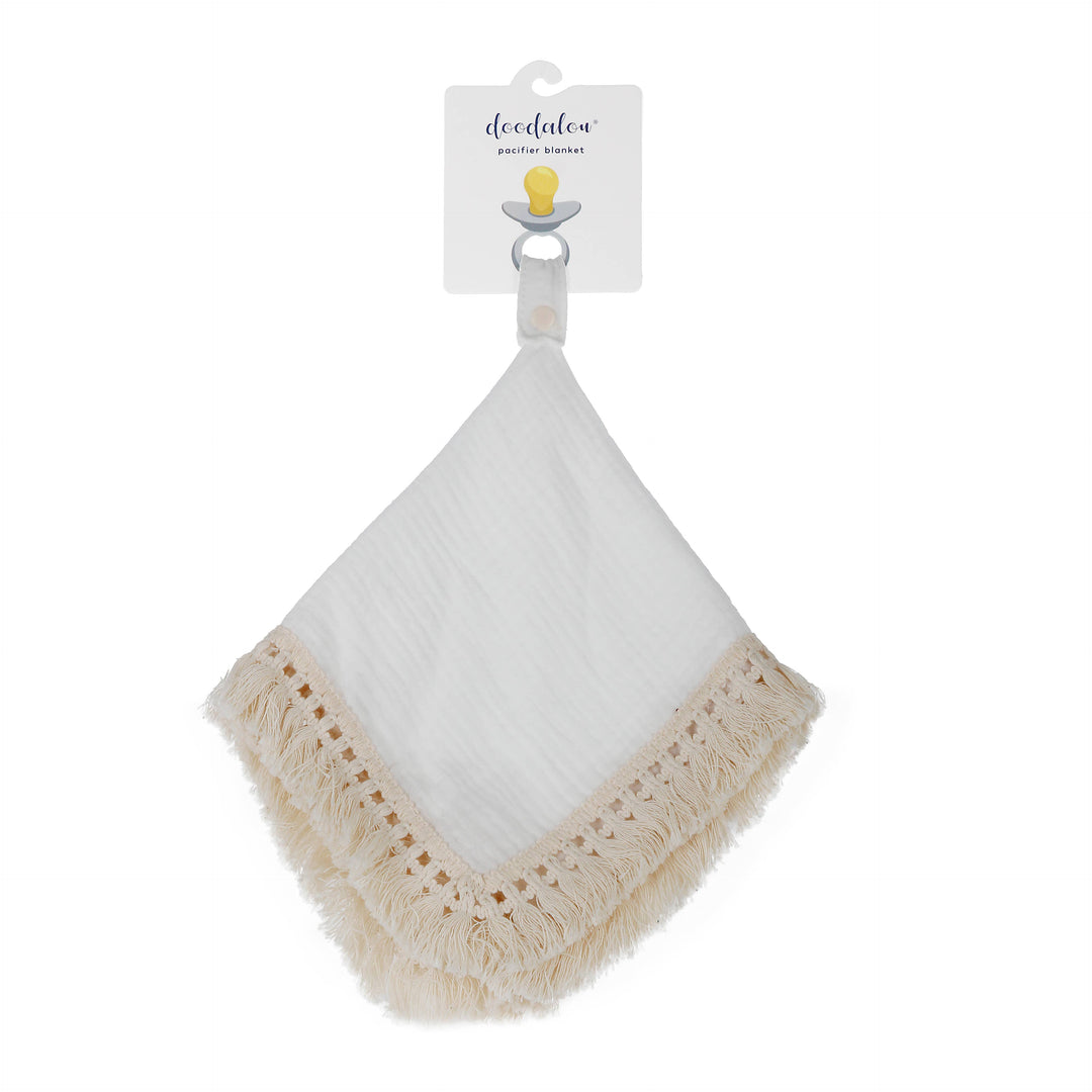 Doodalou - White - Muslin Boho Pacifier Blanket with Tassels