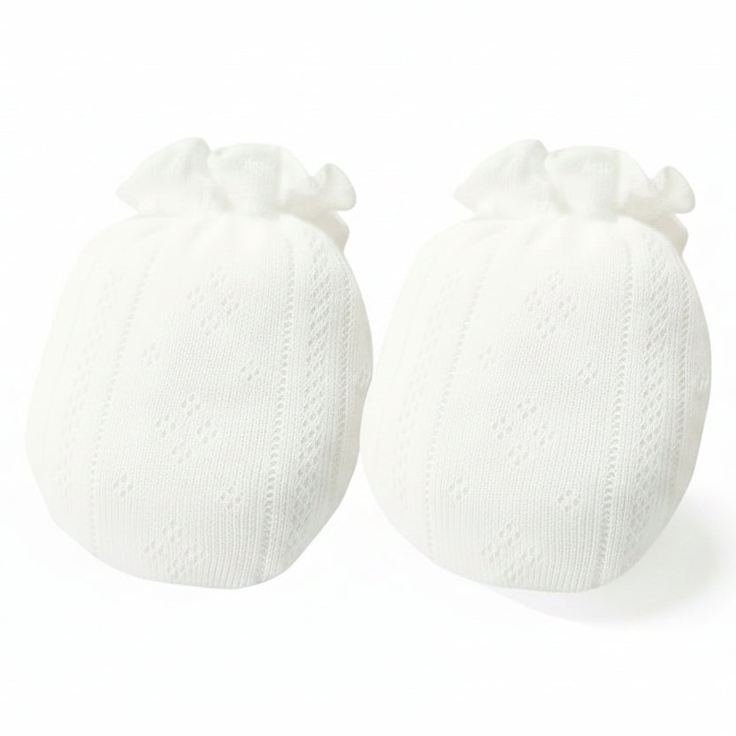 100% Cotton Pointelle White Mittens for Baby 0-6 Months