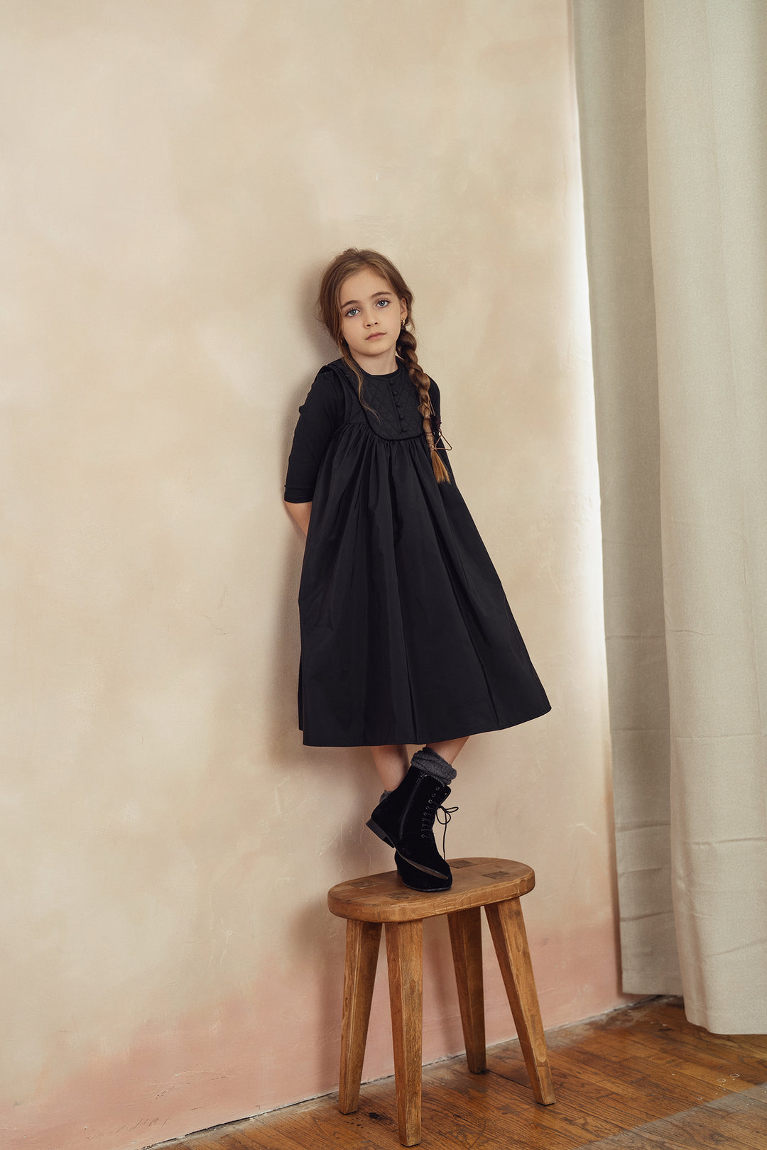 Pompomme Black Quilted Yoke Flared Dress