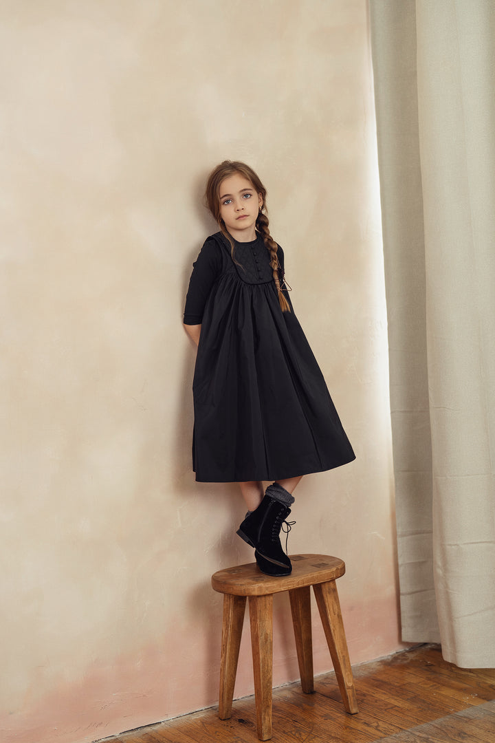 Pompomme Black Quilted Yoke Flared Dress