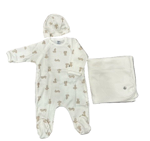 Petit Bateau baby teddy print footie, hat and blanket 3-piece gift set