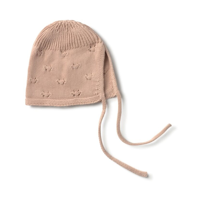 Li & Me baby pointelle knit bonnet in soft cotton, delicate newborn bonnet for fall and winter
