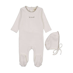 Mema Knits Winter White Velour Embroidery Footie + Bonnet