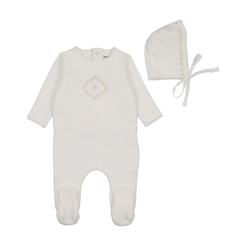 Bee & Dee Chalk White Girls Lovely Loops Velour Footie + Bonnet