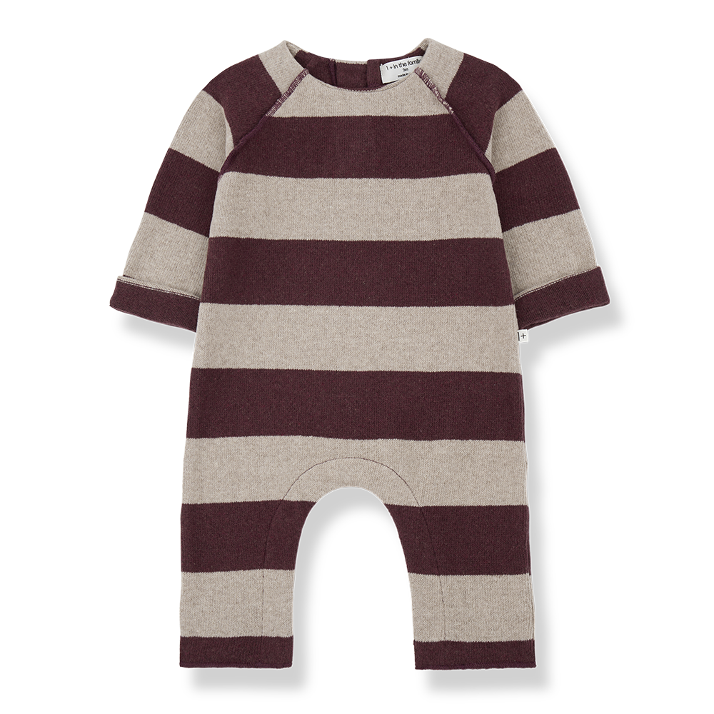Striped baby romper with brown and beige stripes on a white background