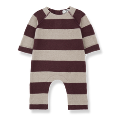 Striped baby romper with brown and beige stripes on a white background