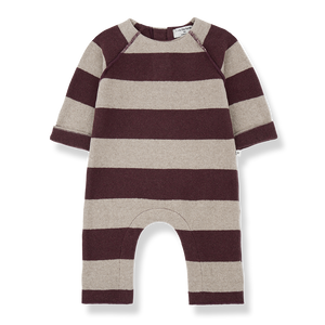 Striped baby romper with brown and beige stripes on a white background