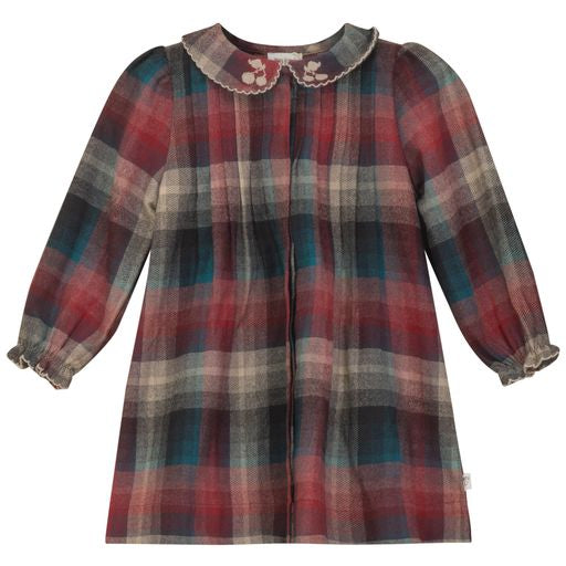 Pompomme Blue/Brick Embroidered Trim Plaid Dress