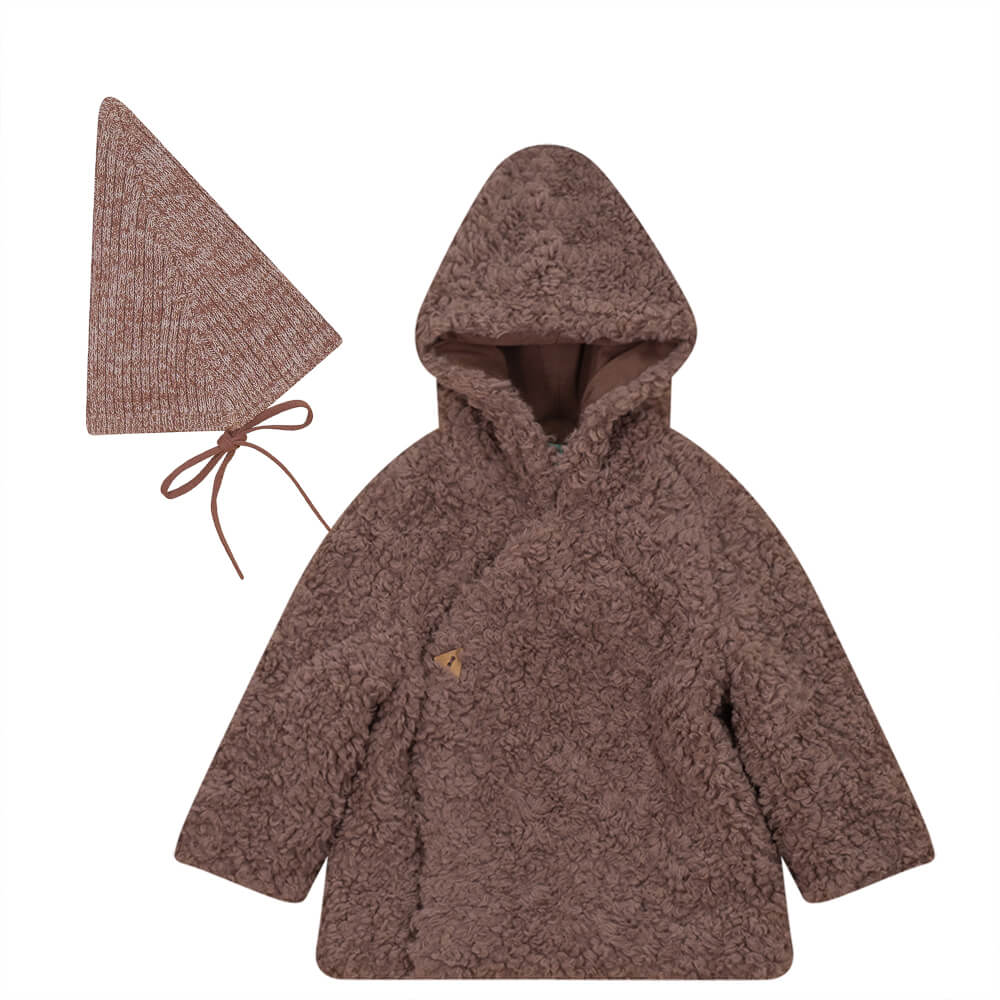 pompomme mauve fur jacket and knit hat