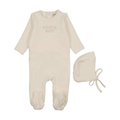 Mema Knits Pink Bonjour Baby Stitched Velour Footie + Bonnet