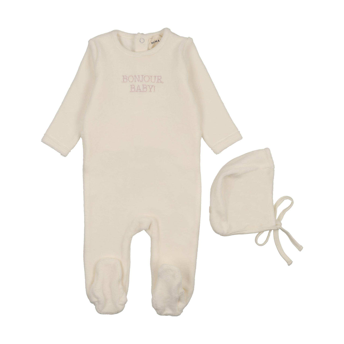 Mema Knits Pink Bonjour Baby Stitched Velour Footie + Bonnet