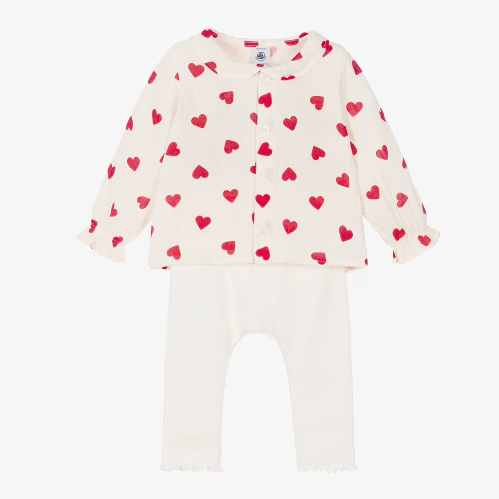 Petit Bateau - Baby Girl 2PC Set LS Heart Blouse And Leggings