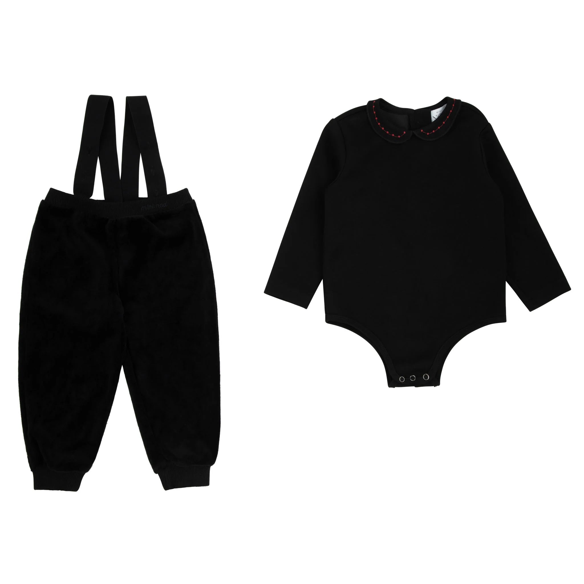 Mini Nod Black Velour Overalls with Model Collared Top