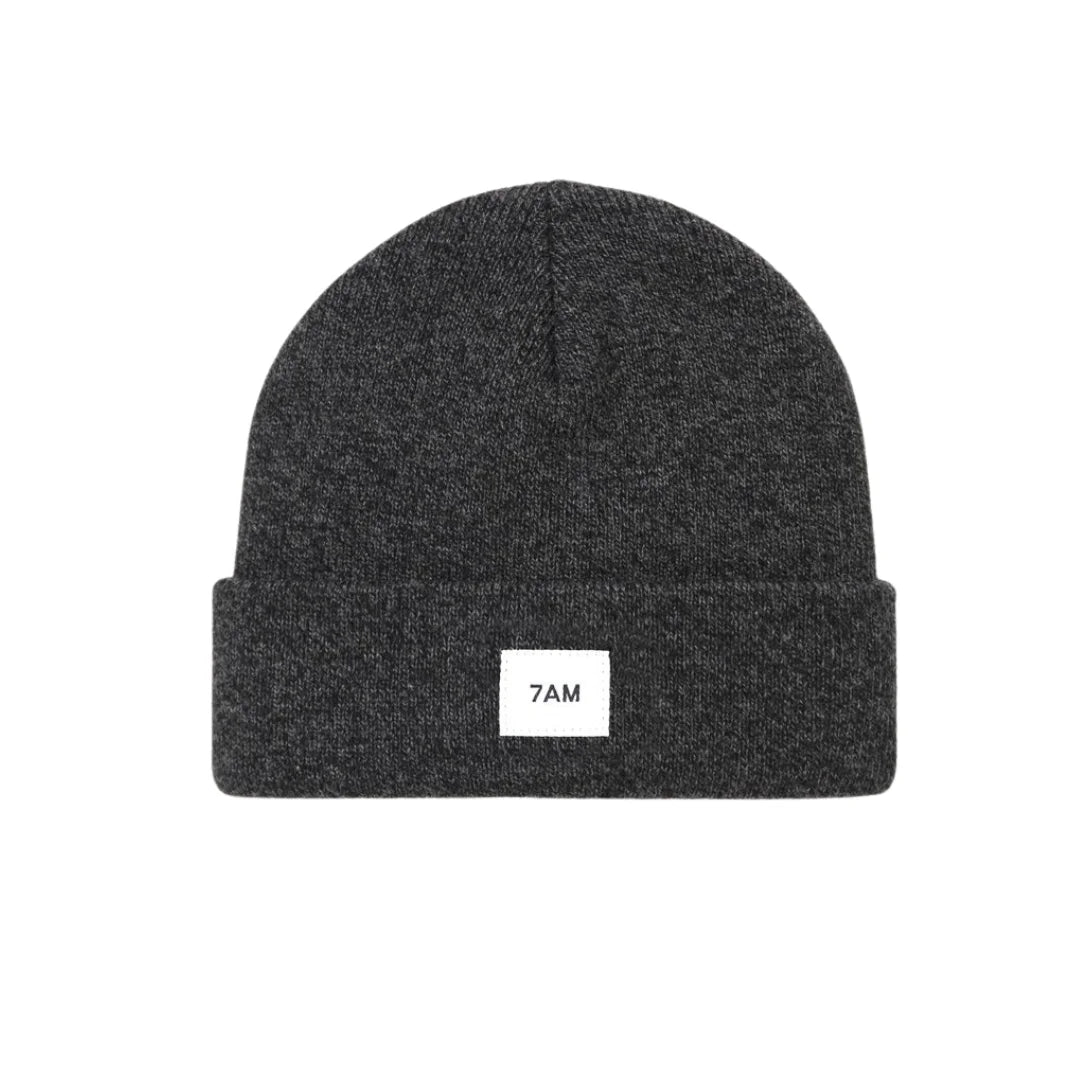 A flat-lay view of the 7AM Enfant beanie in heather black.