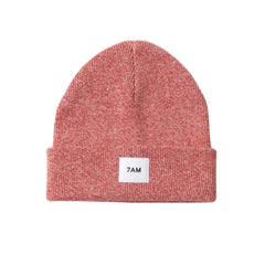 A flat-lay view of the 7AM Enfant beanie in heather red.