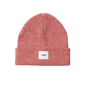 A flat-lay view of the 7AM Enfant beanie in heather red.