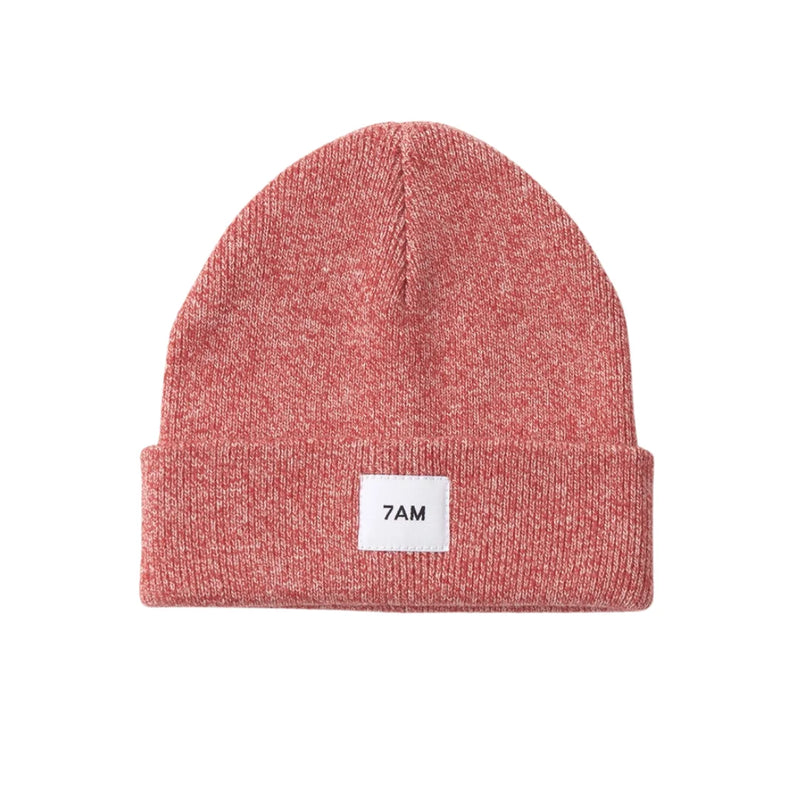 A flat-lay view of the 7AM Enfant beanie in heather red.