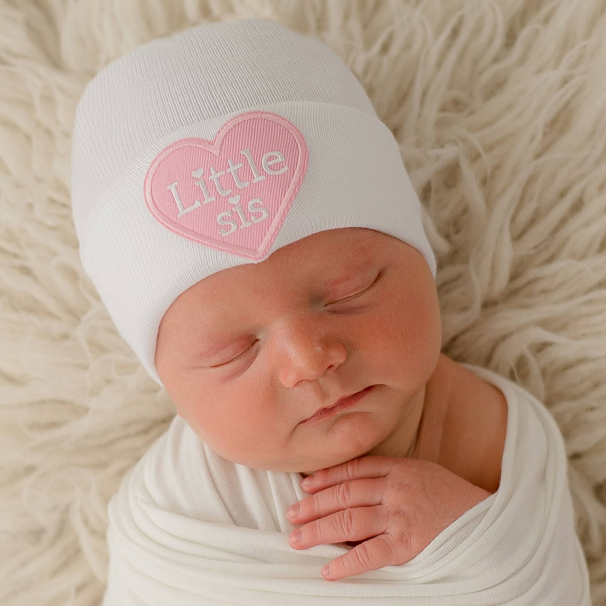 Little SIS Heart Patch White Hospital Hat Pink 0-3m