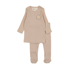 Mema Knits Taupe Ribbed Scalloped Long Two Piece Set